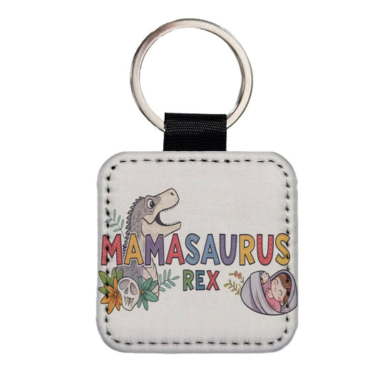 Mamasaurus Rex Mama Dinosaur Square Faux Leather Keychain