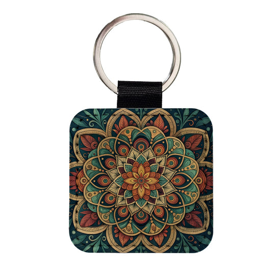 Mandala Colorful Floral Pattern Square Faux Leather Keychain
