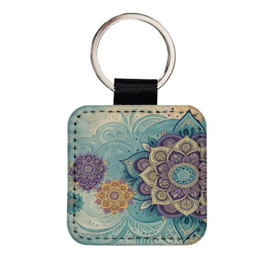 Mandalas Blue Purple Floral Pattern Square Faux Leather Keychain