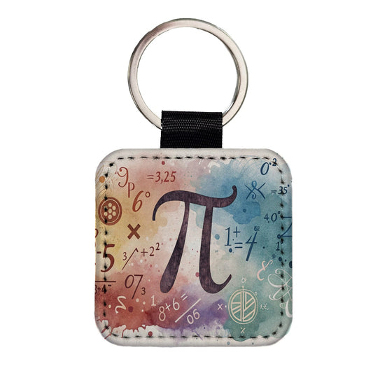 Math Numbers Symbols Pi Artistic Watercolor Square Faux Leather Keychain