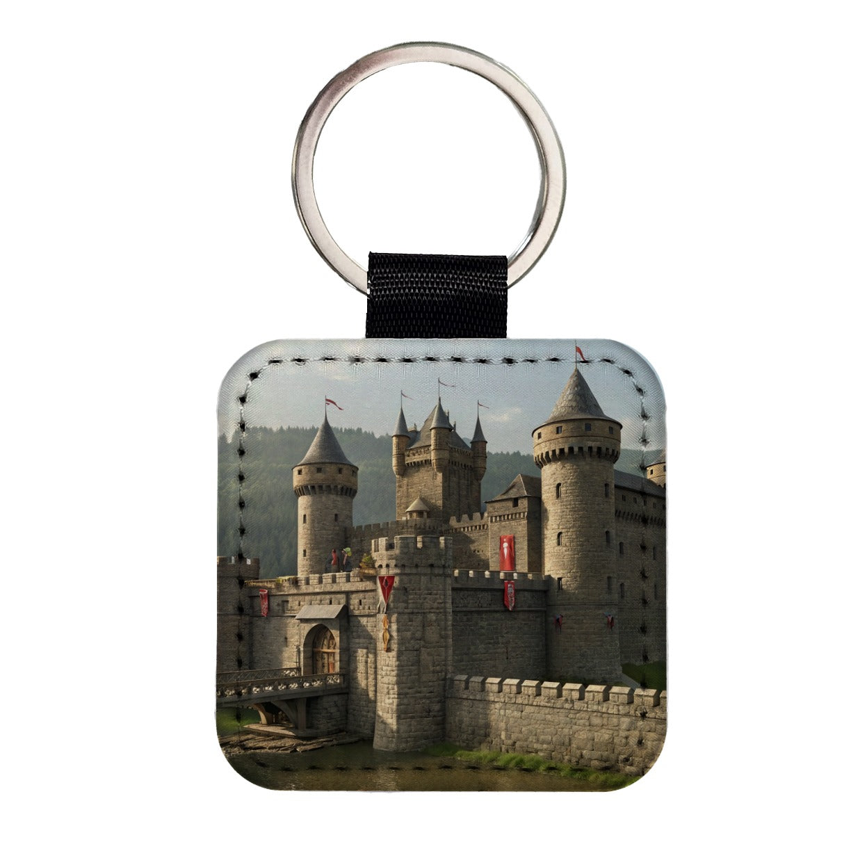 Medieval Castle with Moat Square Faux Leather Keychain