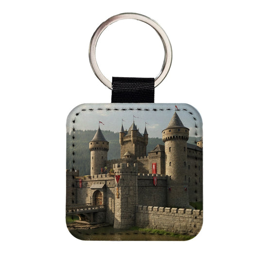 Medieval Castle with Moat Square Faux Leather Keychain