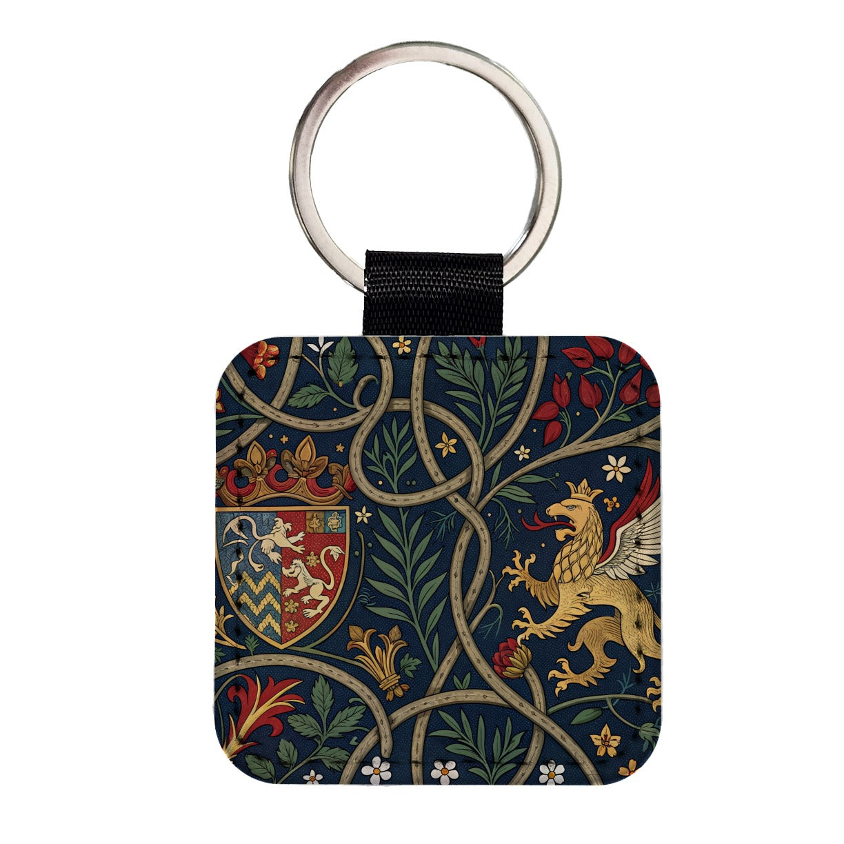 Medieval Ornamentation Griffin Shield Pattern Square Faux Leather Keychain