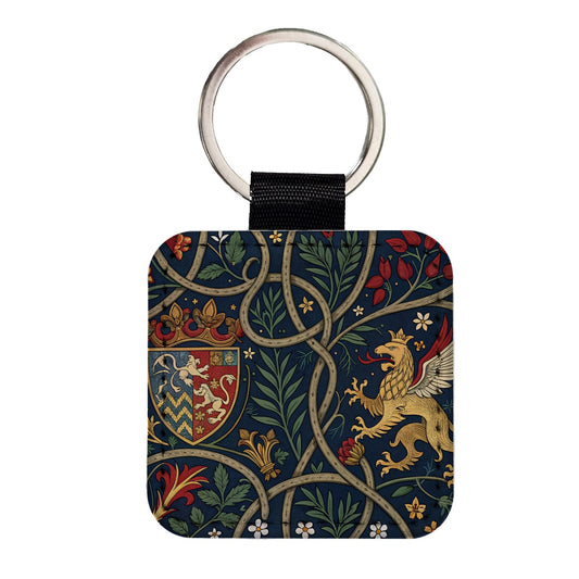 Medieval Ornamentation Griffin Shield Pattern Square Faux Leather Keychain