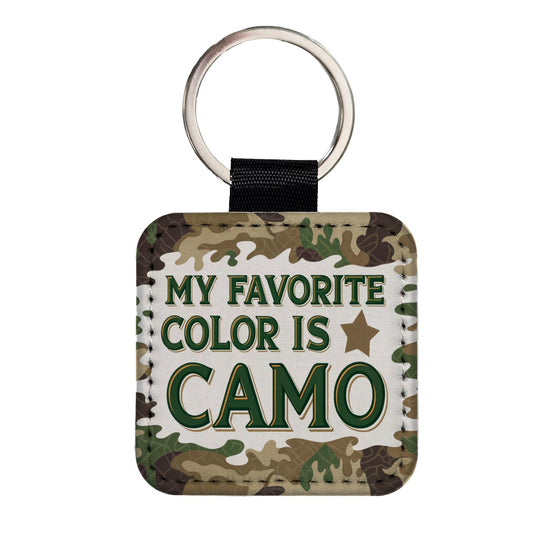My Favorite Color Is Camo Camouflage Hunting Green Brown Square Faux Leather Keychain