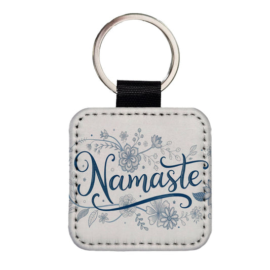 Namaste Blue Floral Square Faux Leather Keychain