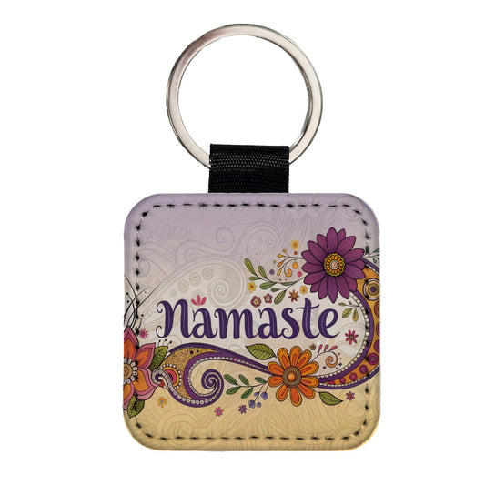 Namaste Flower Fun Retro Square Faux Leather Keychain