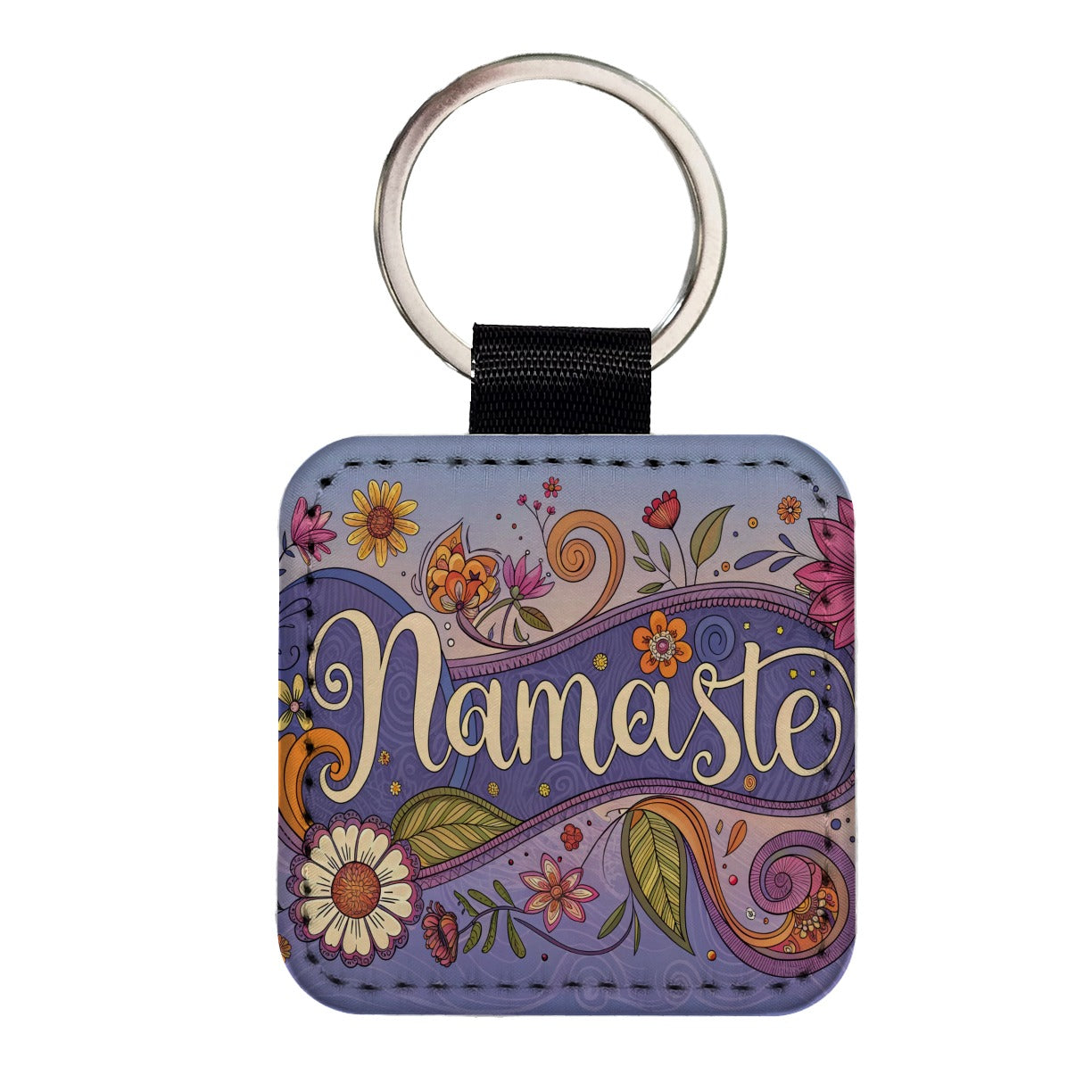 Namaste Hippie Flower Floral Yoga Square Faux Leather Keychain