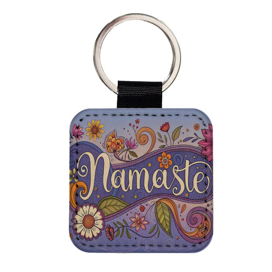 Namaste Hippie Flower Floral Yoga Square Faux Leather Keychain