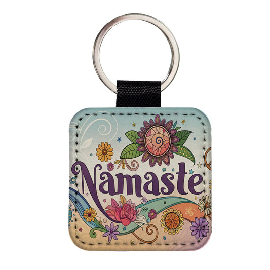 Namaste Hippie Retro Peace Flowers Square Faux Leather Keychain