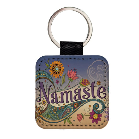 Namaste Yoga Hippie Flower Power Square Faux Leather Keychain
