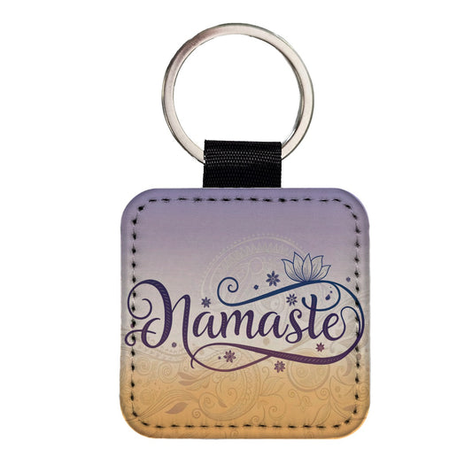 Namaste Yoga Lotus Flower Square Faux Leather Keychain