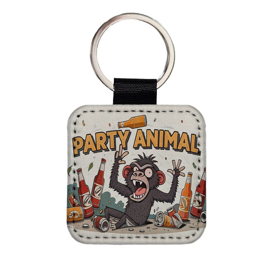 Party Animal Crazy Monkey Square Faux Leather Keychain