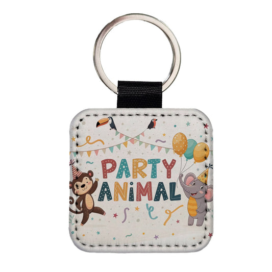 Party Animal Cute Funny Monkey Elephant Square Faux Leather Keychain