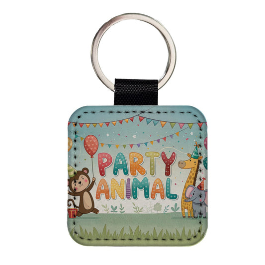 Party Animal Funny Birthday Theme Square Faux Leather Keychain