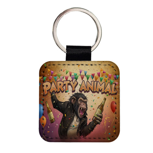Party Animal Wild Drinking Monkey Square Faux Leather Keychain