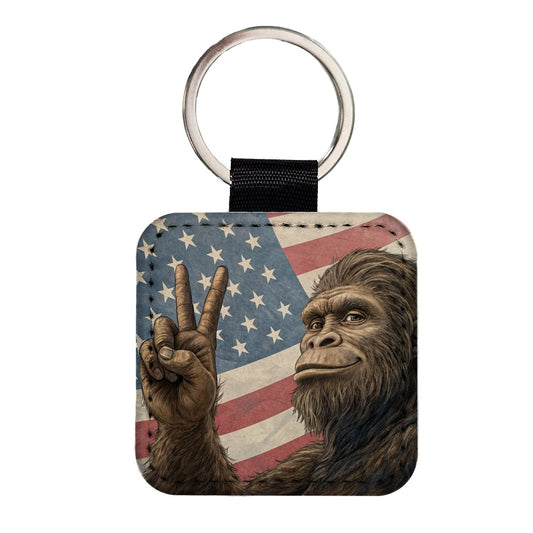 Patriotic Bigfoot Giving The Peace Sign Square Faux Leather Keychain
