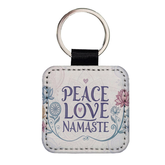 Peace Love Namaste Floral Square Faux Leather Keychain
