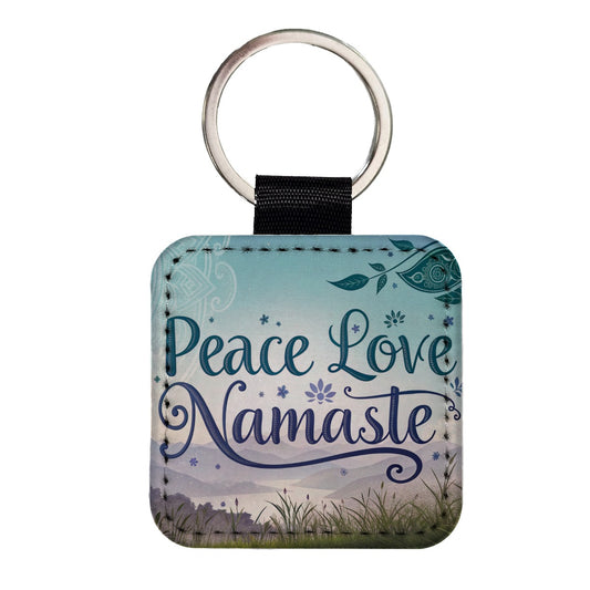 Peace Love Namaste Inspirational Square Faux Leather Keychain
