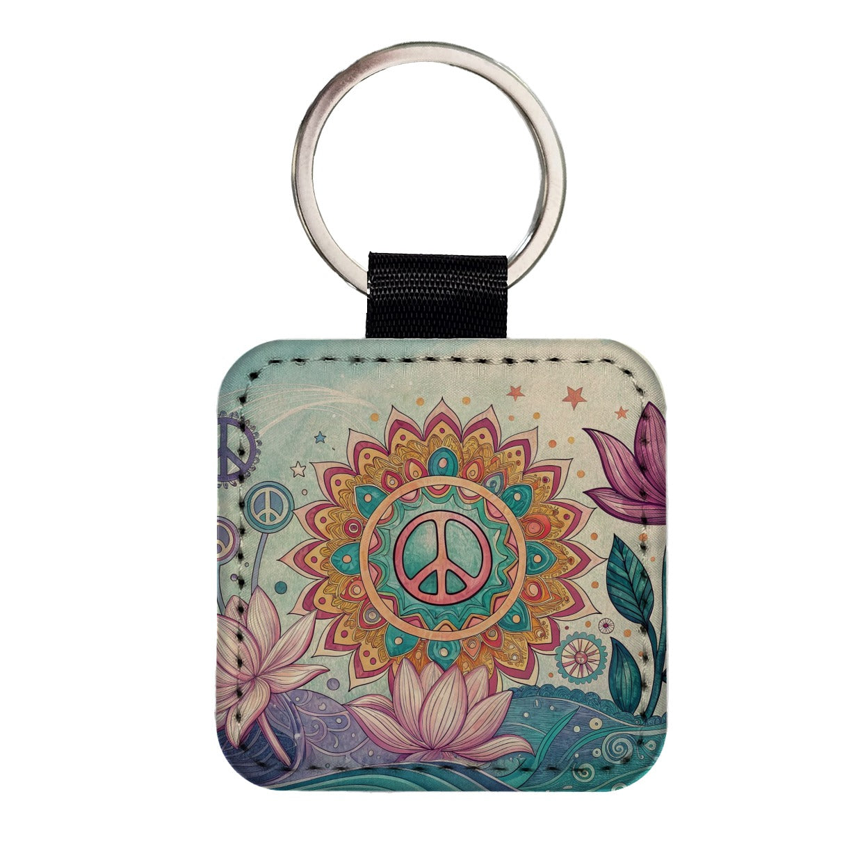 Peace Sign Symbols Mandala Flower Square Faux Leather Keychain