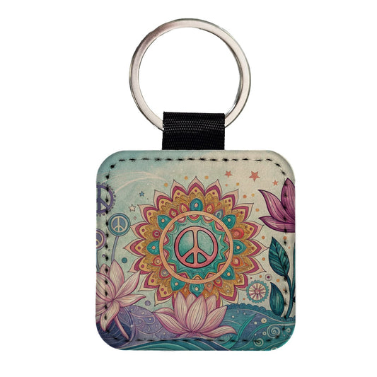 Peace Sign Symbols Mandala Flower Square Faux Leather Keychain