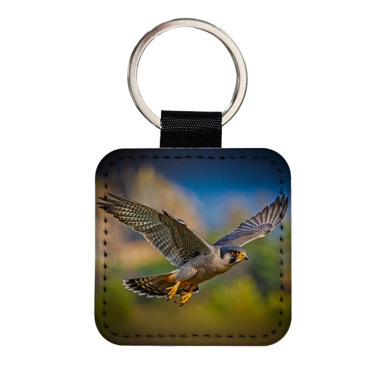 Peregrine Falcon Raptor in Flight Square Faux Leather Keychain