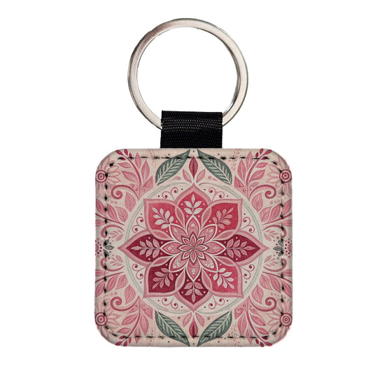 Pink Symmetrical Artistic Floral Pattern Square Faux Leather Keychain
