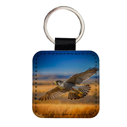 Prairie Falcon Raptor in Flight Square Faux Leather Keychain