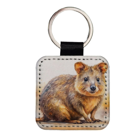 Quokka Watercolor Square Faux Leather Keychain
