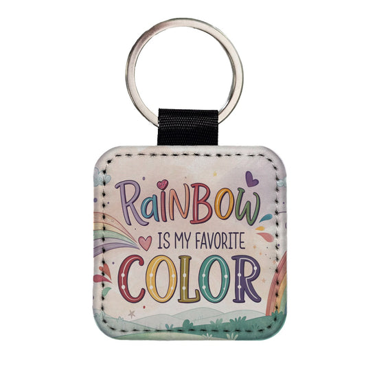 Rainbow Is My Favorite Color Square Faux Leather Keychain