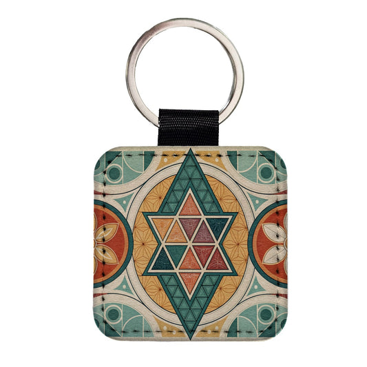 Retro Vintage Geometric Pattern Square Faux Leather Keychain
