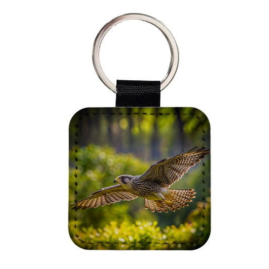 Saker Falcon Raptor in Flight Square Faux Leather Keychain