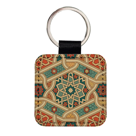Tessellations Retro Geometric Pattern Square Faux Leather Keychain