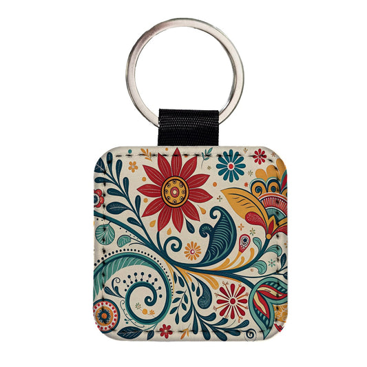 Traditional Folk Art Floral Pattern Square Faux Leather Keychain