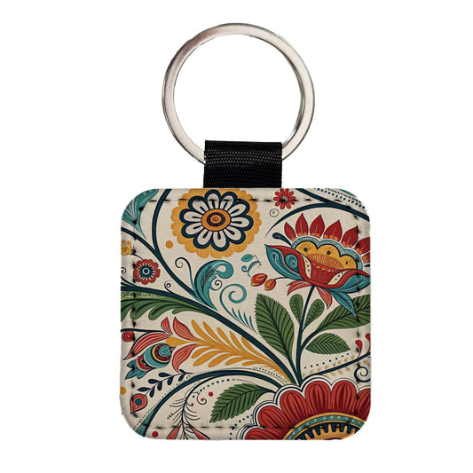 Traditional Folk Art Flowers Leaves Pattern Square Faux Leather Keychain