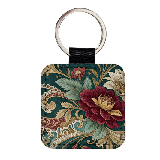 Victorian Decorative Floral Pattern Square Faux Leather Keychain