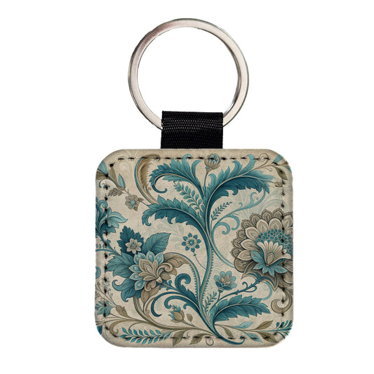 Victorian Decorative Flowers Leaves Pattern Square Faux Leather Keychain