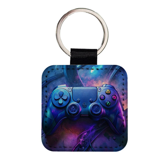 Video Game Controller Graffiti Style Square Faux Leather Keychain