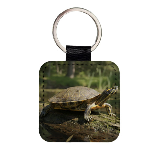 Yellow Bellied Slider Turtle Photo Square Faux Leather Keychain