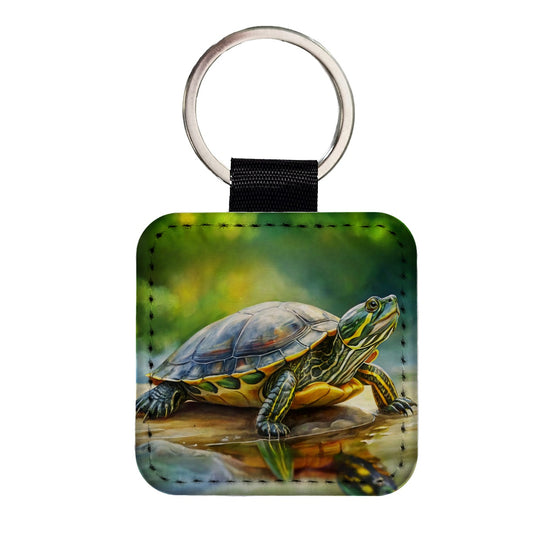 Yellow Bellied Slider Turtle Watercolor Square Faux Leather Keychain