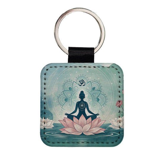 Yoga Meditation Lotus Flower Om Aum Square Faux Leather Keychain