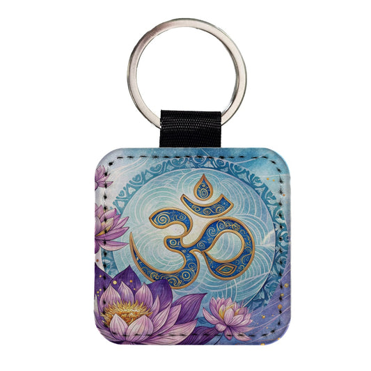 Yoga Om Aum Lotus Flower Square Faux Leather Keychain