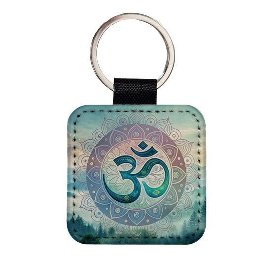 Yoga Om Aum Mandala Nature Symbol Square Faux Leather Keychain