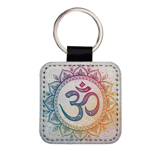 Yoga Om Aum Mandala Symbol Rainbow Square Faux Leather Keychain