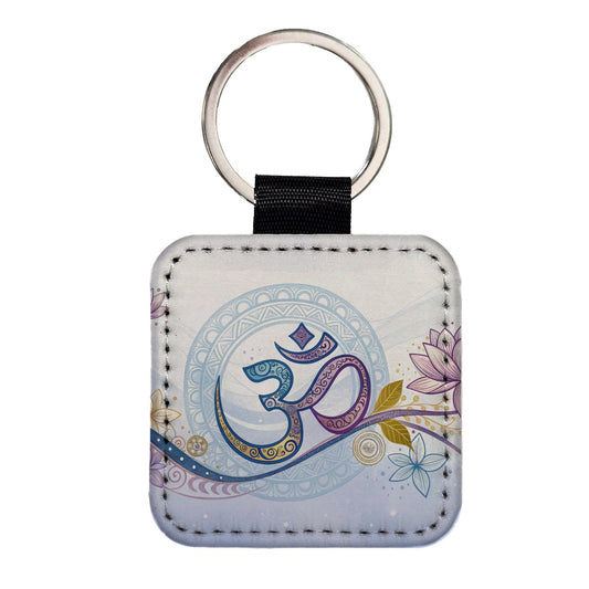 Yoga Om Aum Symbol Lotus Floral Square Faux Leather Keychain