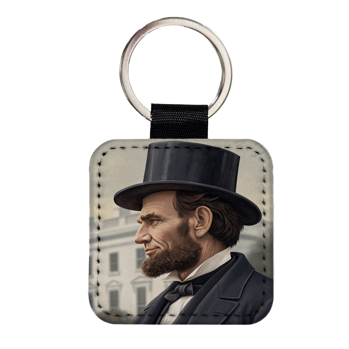 Abraham Lincoln White House Square Faux Leather Keychain