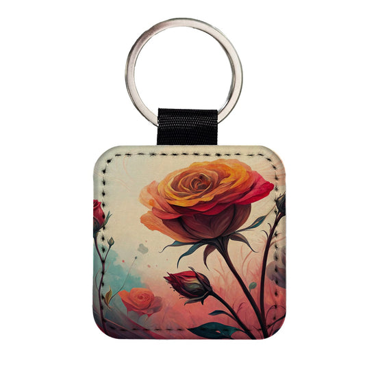 Abstract Roses Flowers Square Faux Leather Keychain
