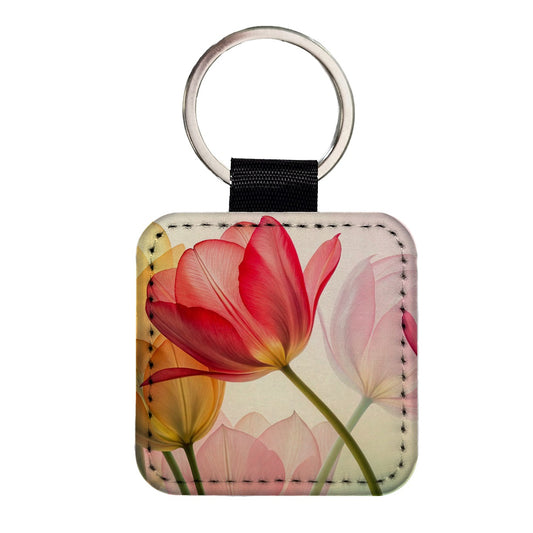 Abstract Tulips Square Faux Leather Keychain