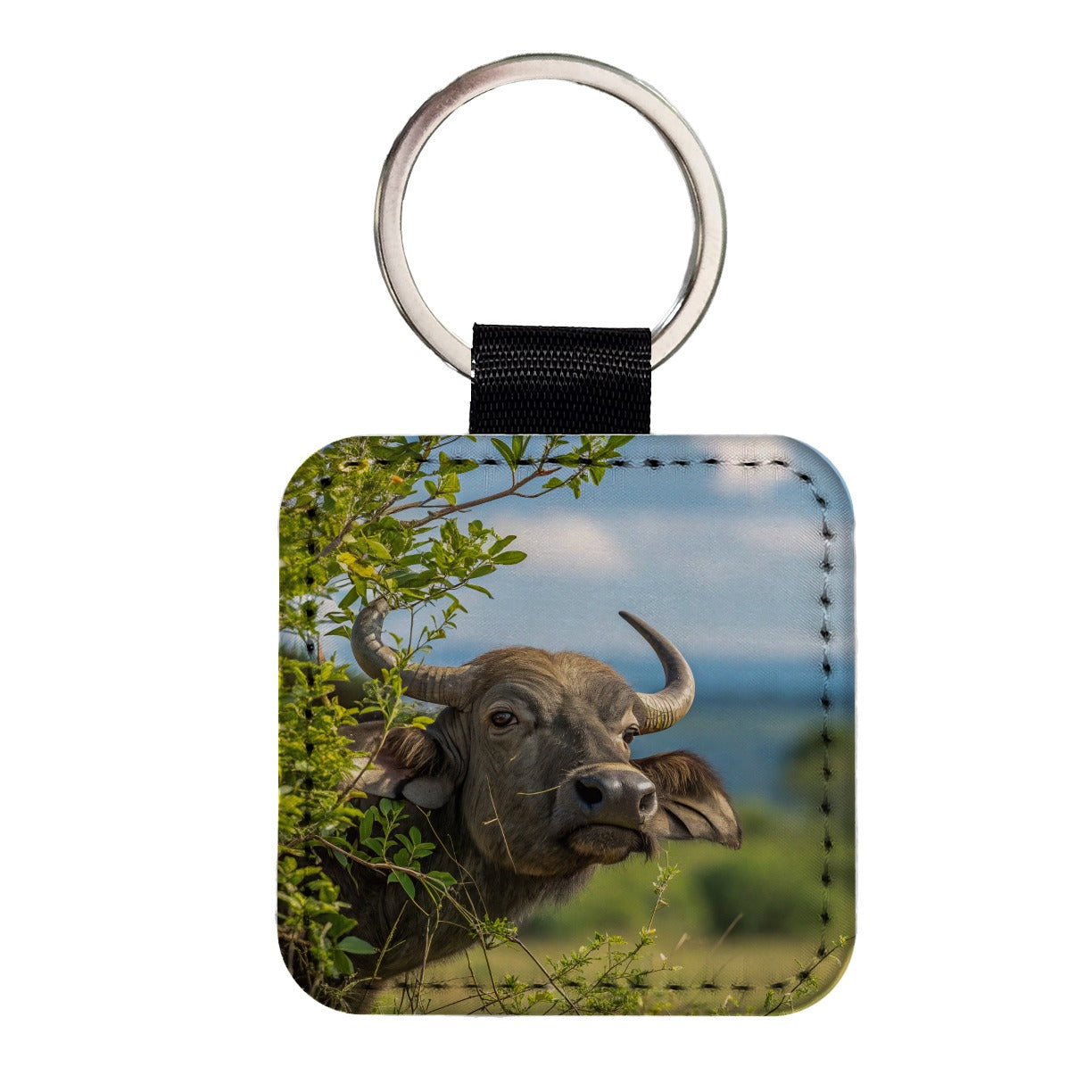African Buffalo Safari Wildlife Square Faux Leather Keychain