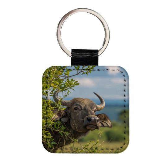 African Buffalo Safari Wildlife Square Faux Leather Keychain